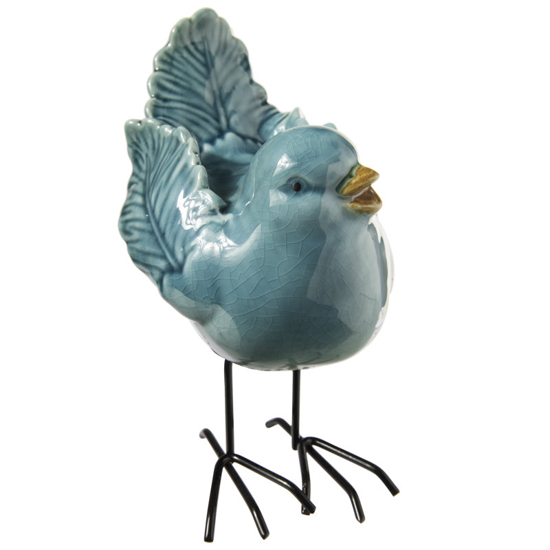 August Grove® Ceramic Bird Figurine With Open Beak And Metal Legs Design Gloss Finish Baby Blue